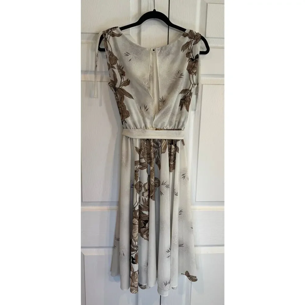 Vintage Floral Print Dress Sleeveless Tie Strap Midi Cream Brown - Picture 5 of 8